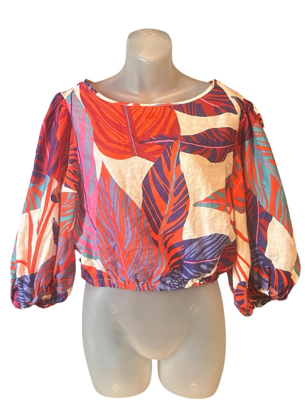 Magaschoni Multicolor Leaf Print Linen-Blend Cropped Top